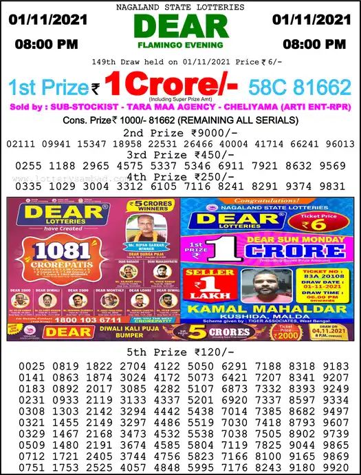 Lottery Sambad 8 PM result 01 Nov 2021