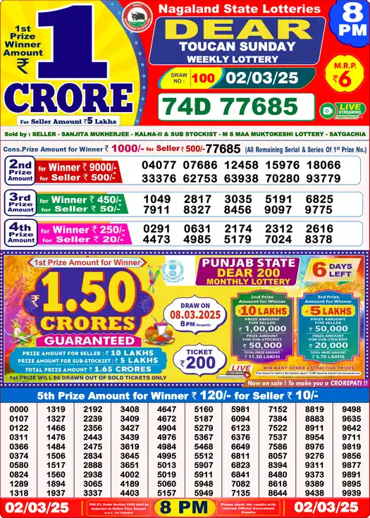 Lottery Sambad 8 PM result 02 Mar 2025