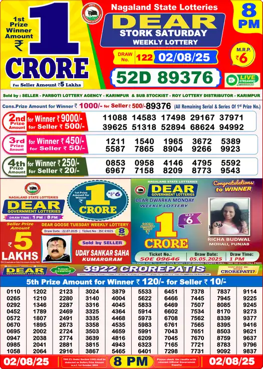 Lottery Sambad 8 PM result 02 Aug 2025
