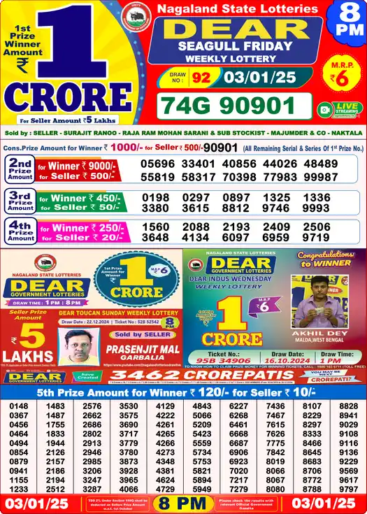 Lottery Sambad 8 PM result 03 Jan 2025