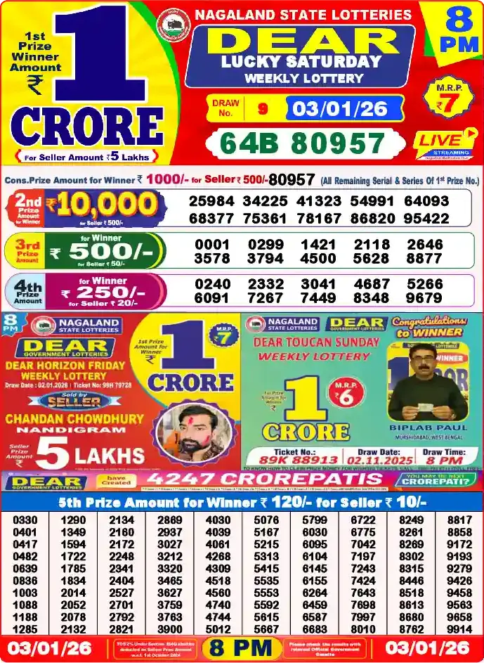 Lottery Sambad 8 PM result 03 Jan 2026
