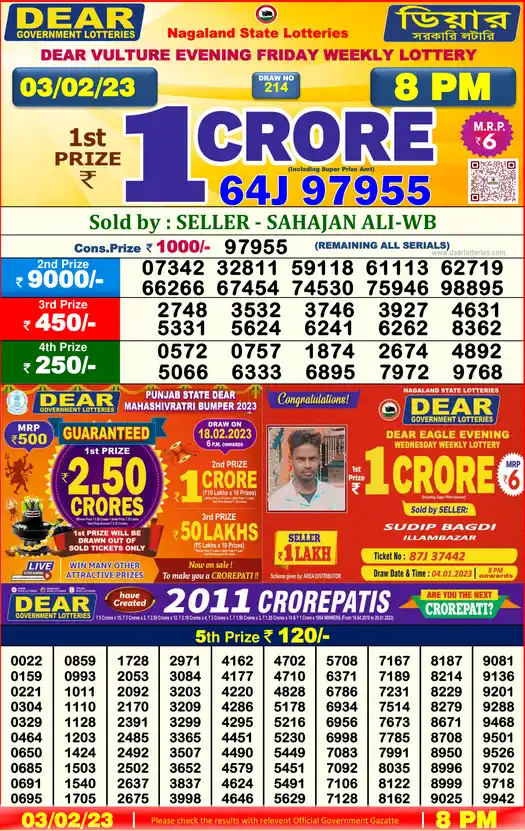 Lottery Sambad 8 PM result 03 Feb 2023