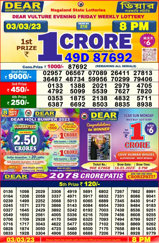 Lottery Sambad 8 PM result 03 Mar 2023