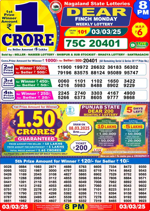 Lottery Sambad 8 PM result 03 Mar 2025