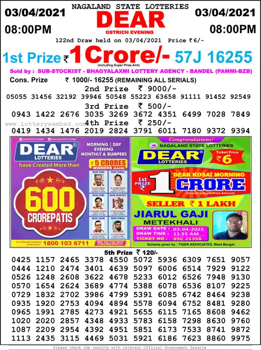 Lottery Sambad 8 PM result 03 Apr 2021