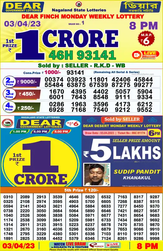 Lottery Sambad 8 PM result 03 Apr 2023