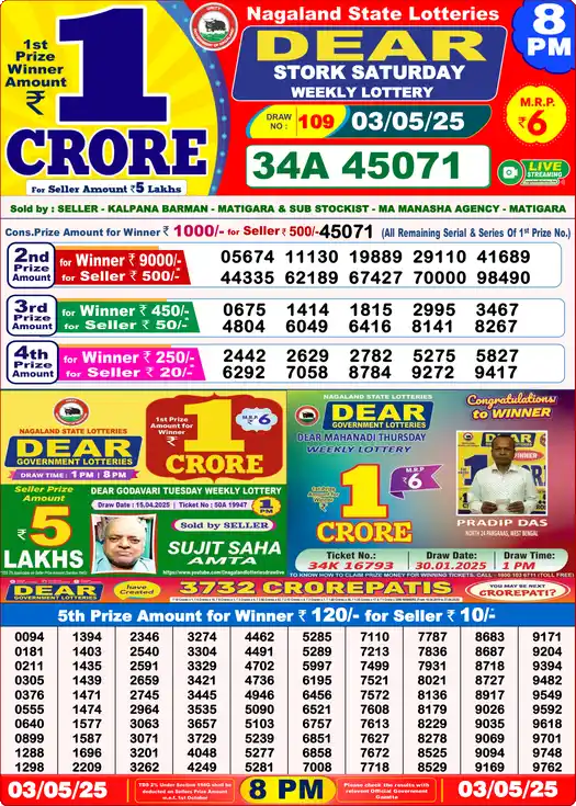 Lottery Sambad 8 PM result 03 May 2025