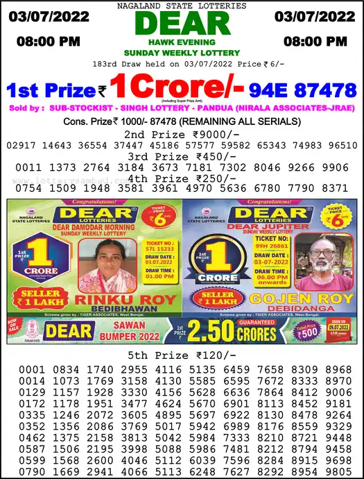 Lottery Sambad 8 PM result 03 Jul 2022