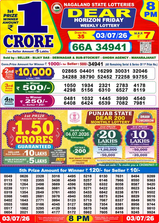 Lottery Sambad Today 8:00 PM Result 03 July 2026