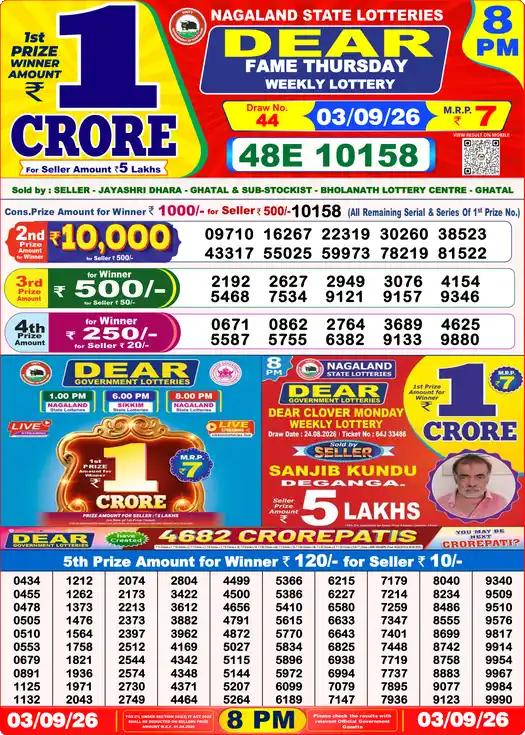 Lottery Sambad Yesterday 8:00 PM Result 03 September 2026