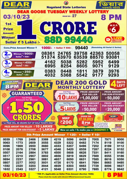 Lottery Sambad 8 PM result 03 Oct 2023