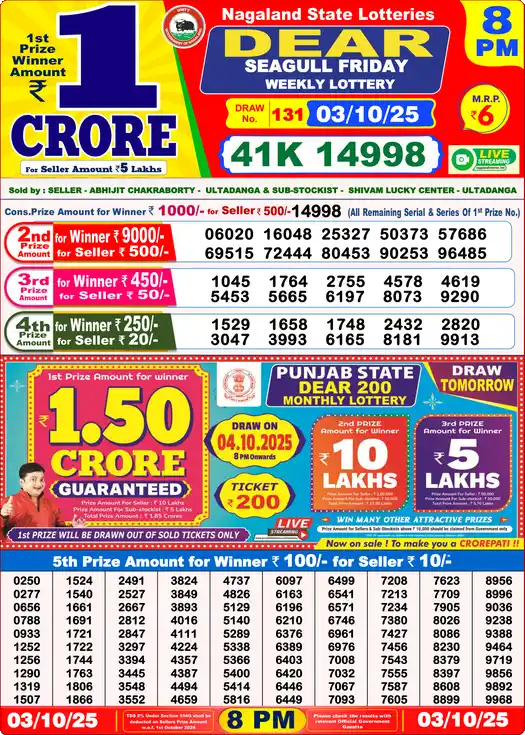 Lottery Sambad 8 PM result 03 Oct 2025