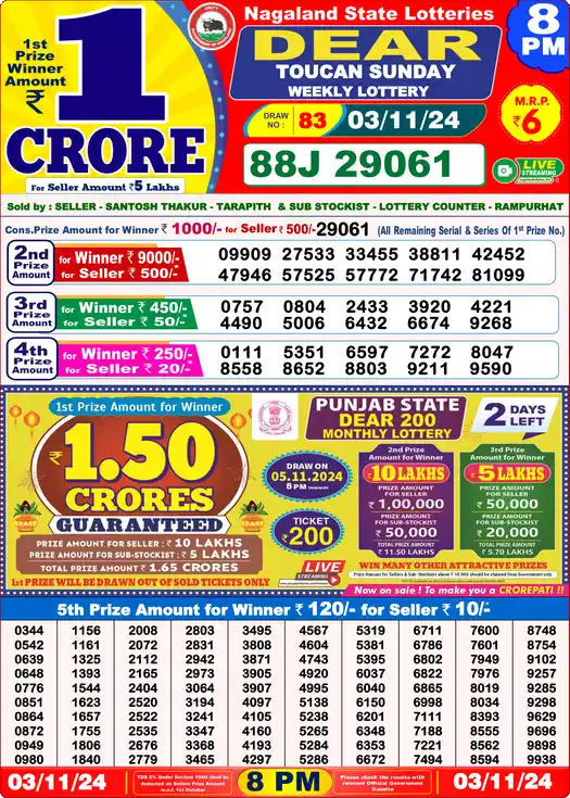 Lottery Sambad 8 PM result 03 Nov 2024