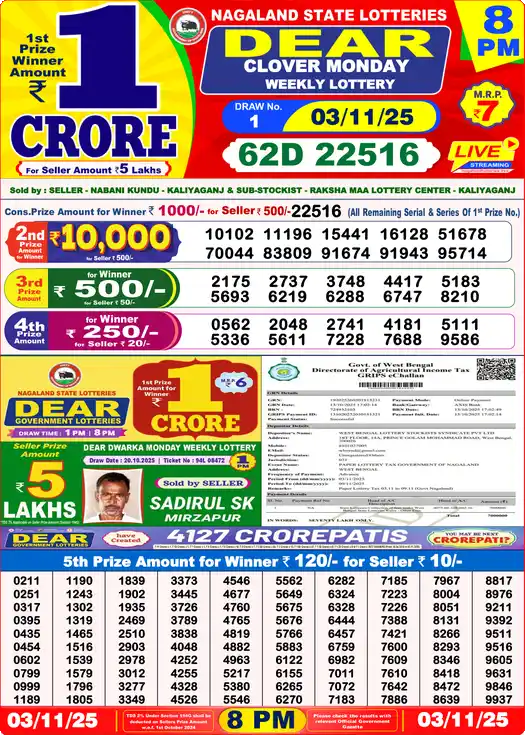Lottery Sambad 8 PM result 03 Nov 2025