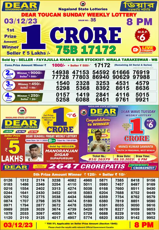 Lottery Sambad 8 PM result 03 Dec 2023