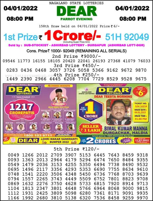 Lottery Sambad 8 PM result 04 Jan 2022