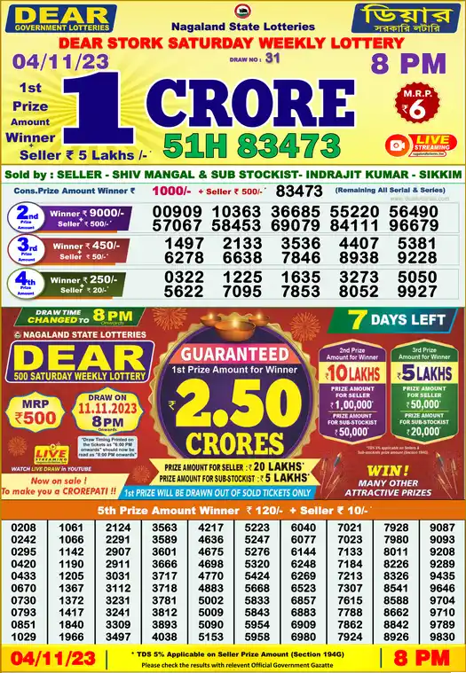 Lottery Sambad 8 PM result 04 Nov 2023