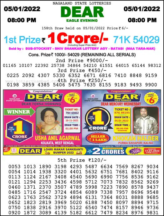 Lottery Sambad 8 PM result 05 Jan 2022