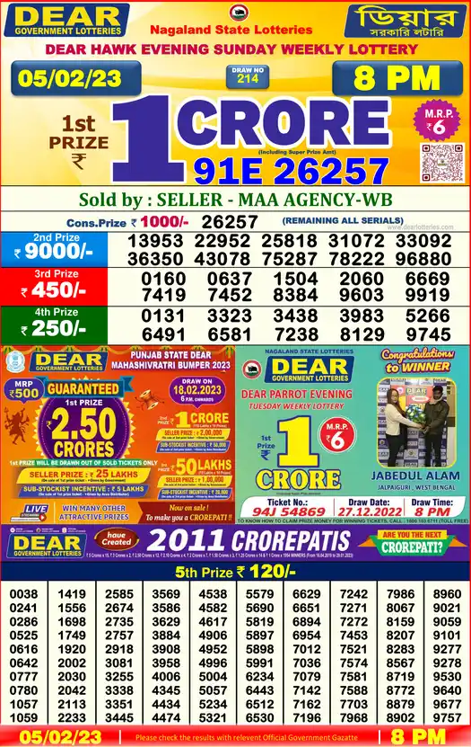 Lottery Sambad 8 PM result 05 Feb 2023