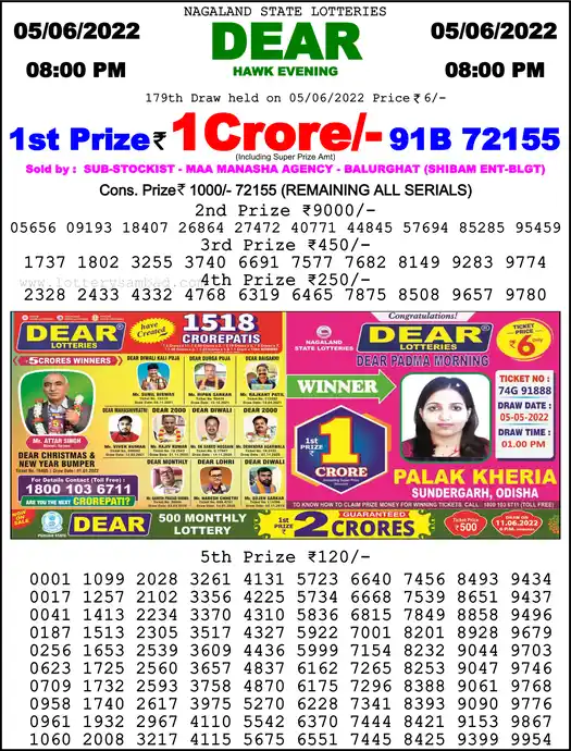 Lottery Sambad 8 PM result 05 Jun 2022