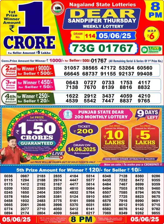 Lottery Sambad 8 PM result 05 Jun 2025
