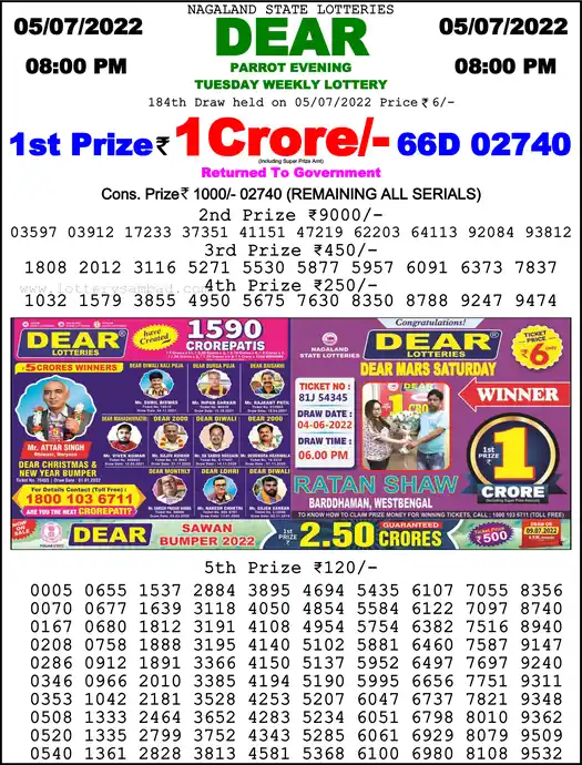 Lottery Sambad 8 PM result 05 Jul 2022