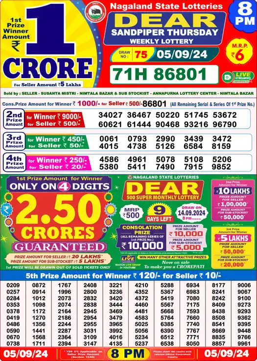 Lottery Sambad 8 PM result 05 Sep 2024