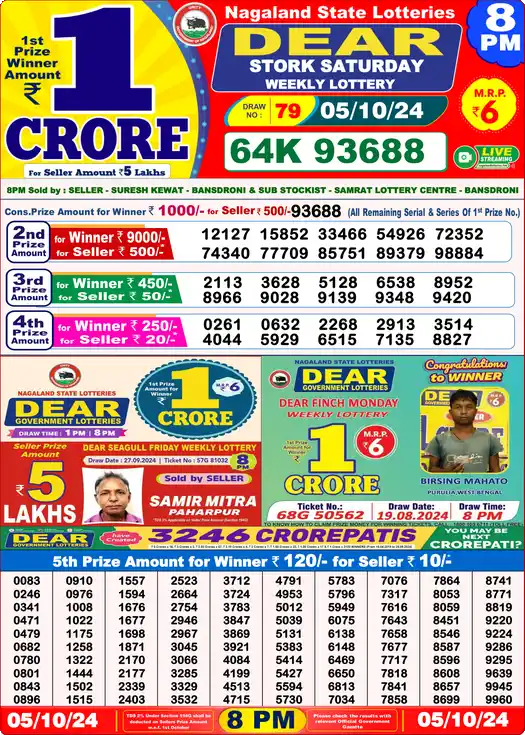 Lottery Sambad 8 PM result 05 Oct 2024