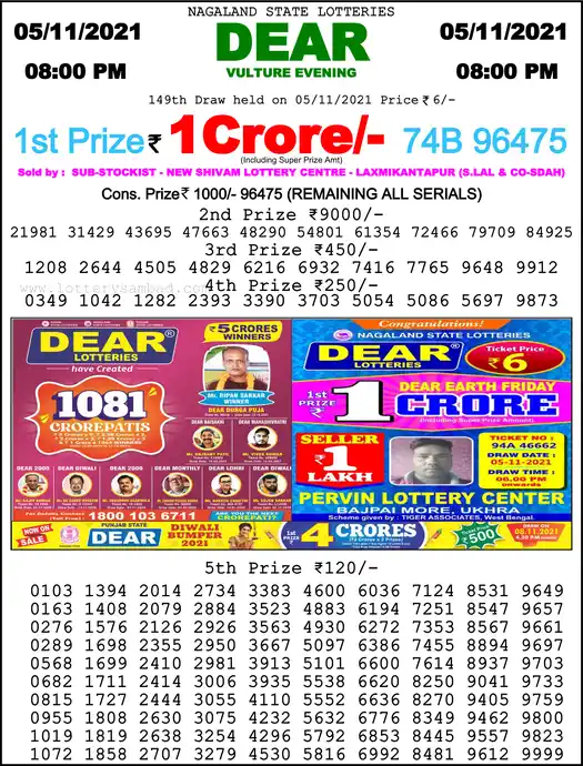 Lottery Sambad 8 PM result 05 Nov 2021