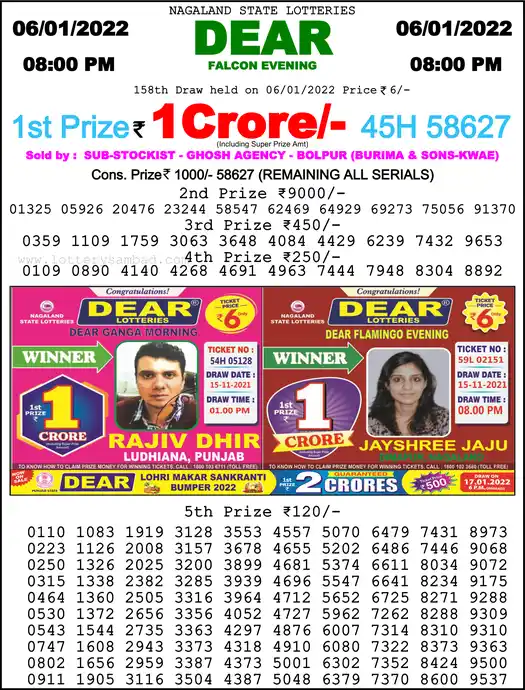Lottery Sambad 8 PM result 06 Jan 2022
