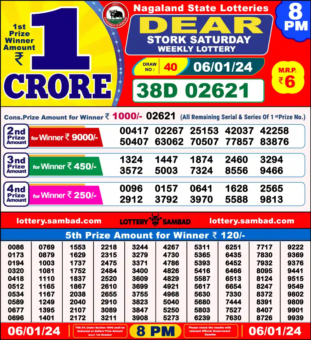 Lottery Sambad 8 PM result 06 Jan 2024