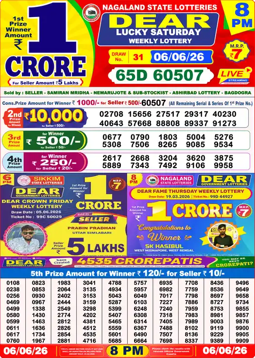 Lottery Sambad Today 8:00 PM Result 06 June 2026
