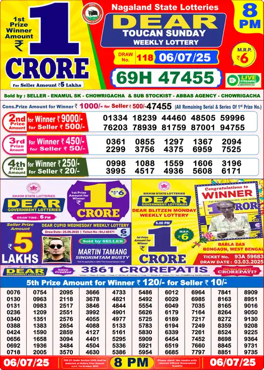 Lottery Sambad 8 PM result 06 Jul 2025