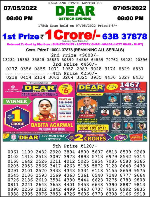 Lottery Sambad 8 PM result 07 May 2022