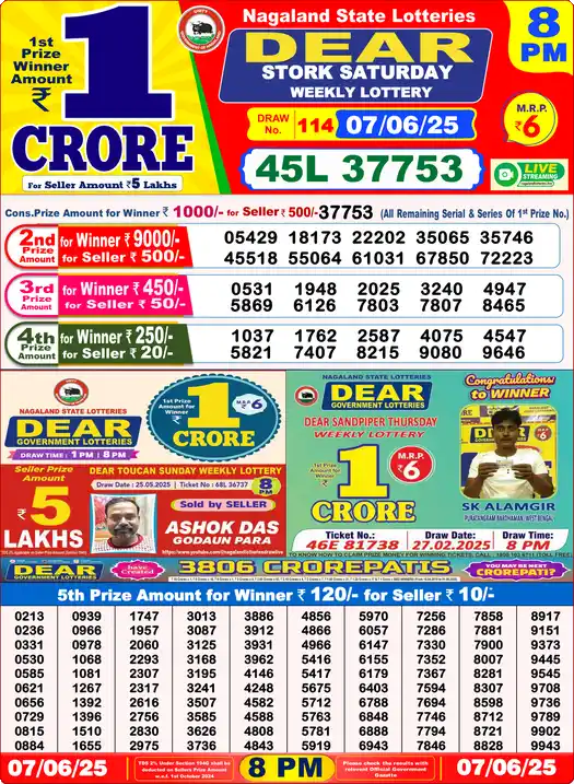 Lottery Sambad 8 PM result 07 Jun 2025