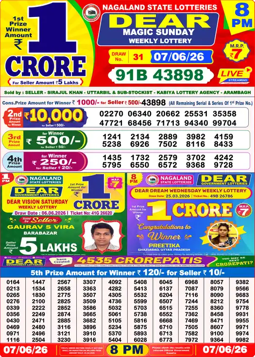 Lottery Sambad Today 8:00 PM Result 07 June 2026