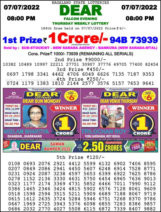 Lottery Sambad 8 PM result 07 Jul 2022
