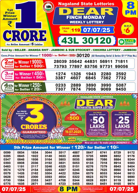 Lottery Sambad 8 PM result 07 Jul 2025