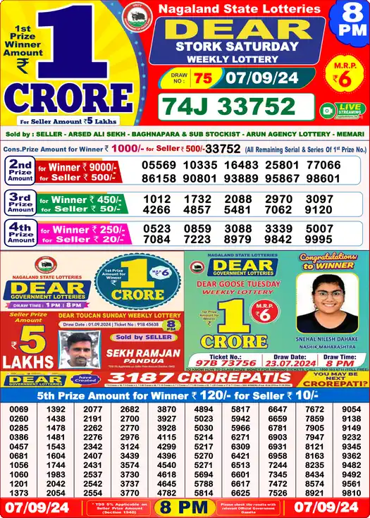 Lottery Sambad 8 PM result 07 Sep 2024