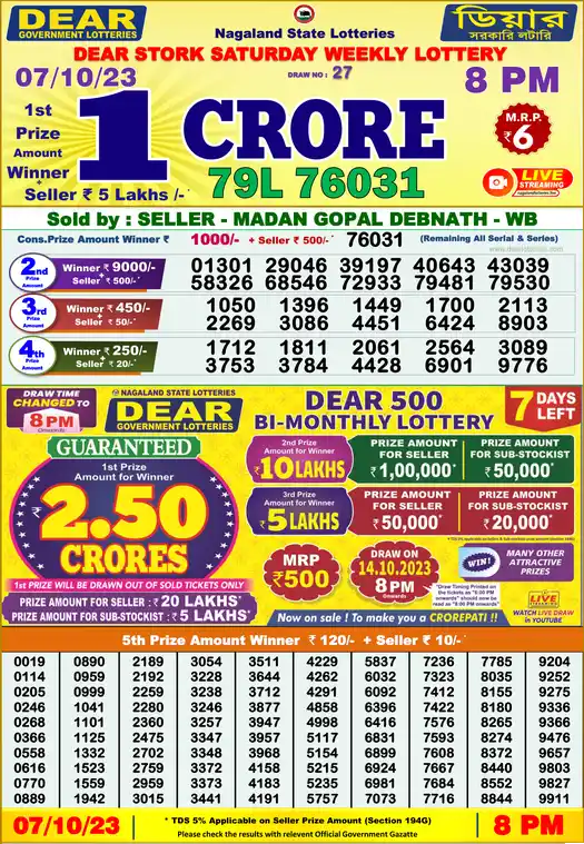 Lottery Sambad 8 PM result 07 Oct 2023