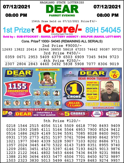 Lottery Sambad 8 PM result 07 Dec 2021