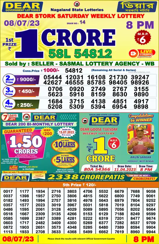 Lottery Sambad 8 PM result 08 Jul 2023