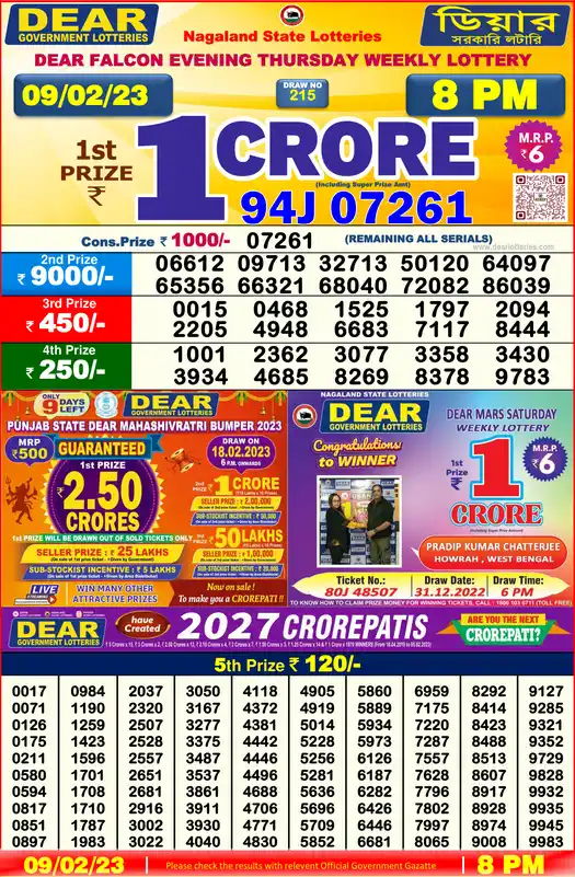 Lottery Sambad 8 PM result 09 Feb 2023