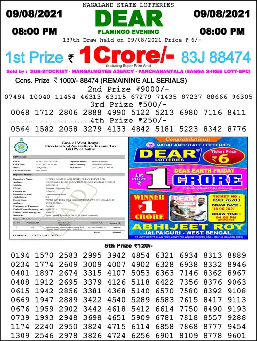 Lottery Sambad 8 PM result 09 Aug 2021