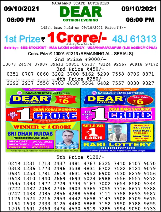 Lottery Sambad 8 PM result 09 Oct 2021