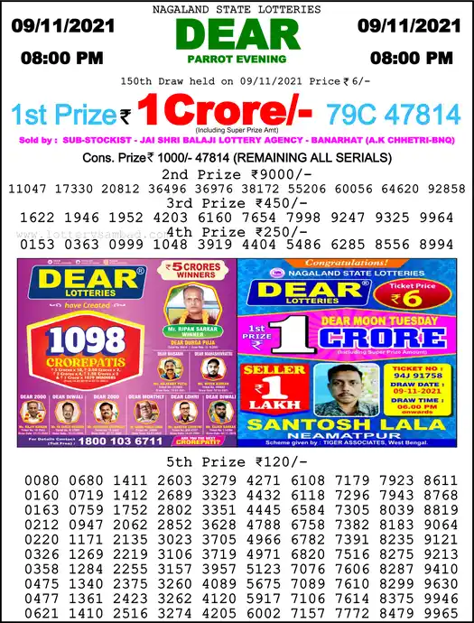 Lottery Sambad 8 PM result 09 Nov 2021
