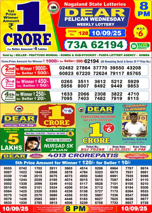 Lottery Sambad 8 PM result 10 Sep 2025