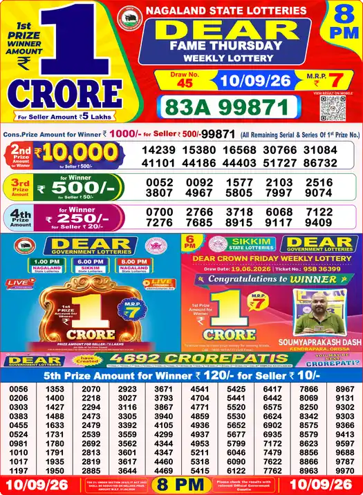 Lottery Sambad 8 PM result 10 Sep 2026