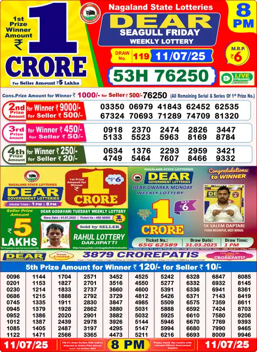 Lottery Sambad 8 PM result 11 Jul 2025