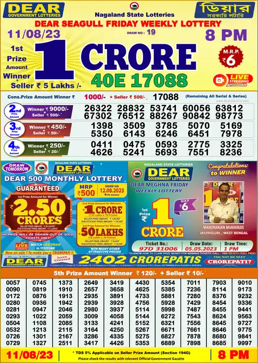 Lottery Sambad 8 PM result 11 Aug 2023
